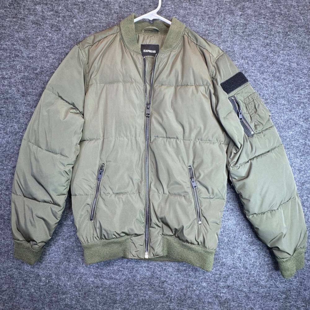 Express‎ Puffer Bomber Jacket Mens XS Olive Green Quilted Flight Coat READ